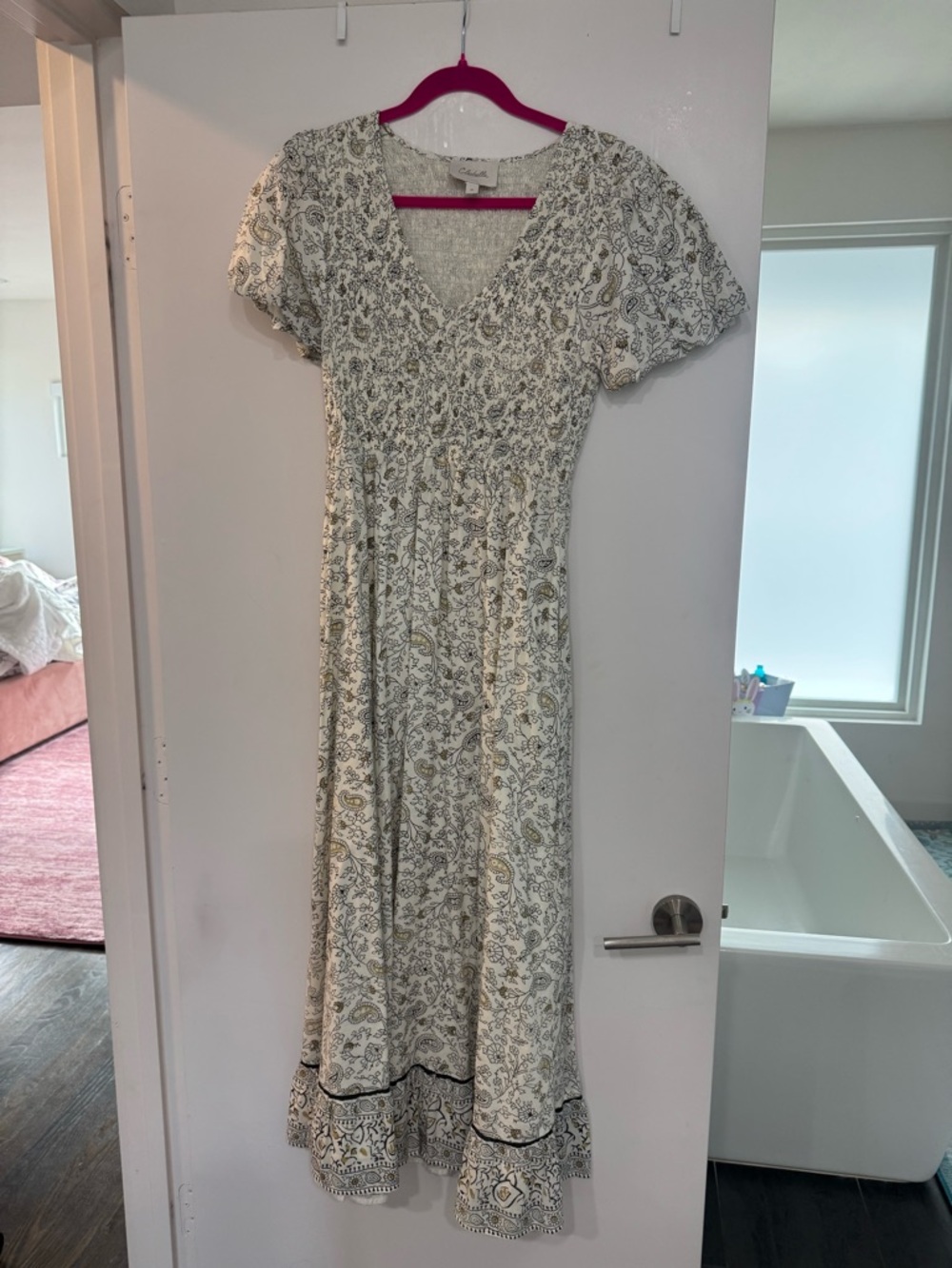 NWOT CleoBella Floral Smocked Midi Dress in Cream and Black - Women's